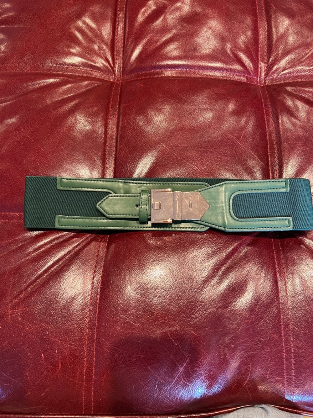 Green Elastic Waist Belt with Leather Trim